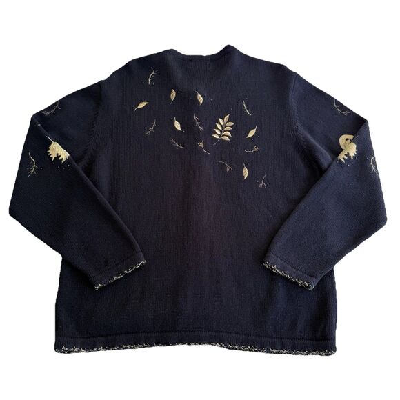 Y2K Christopher Banks Hand Embroidered Navy Gold Leaves Fall Cardigan Sweater XL - Picture 10 of 10